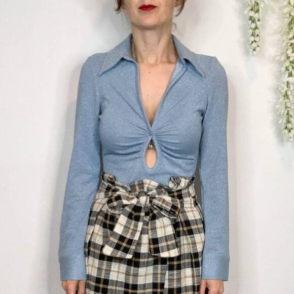 NWT ZARA long sleeve collared top keyhole cutout v-neck glitter y2k 90s 2928 - Picture 12 of 13